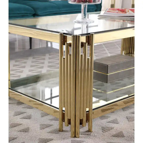 20-inch Square End Table with Tempered Glass Top and Golden Stainless Steel Base