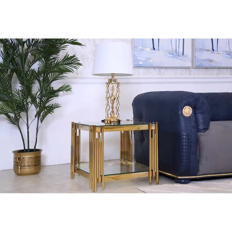 20-inch Square End Table with Tempered Glass Top and Golden Stainless Steel Base
