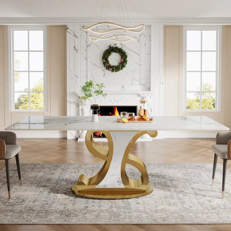 Rectangular Sintered Stone Dining Table with Stainless Steel Base, Seats 8-10
