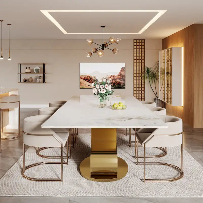 Rectangular Sintered Stone Dining Table with Stainless Steel Base, Seats 8-10