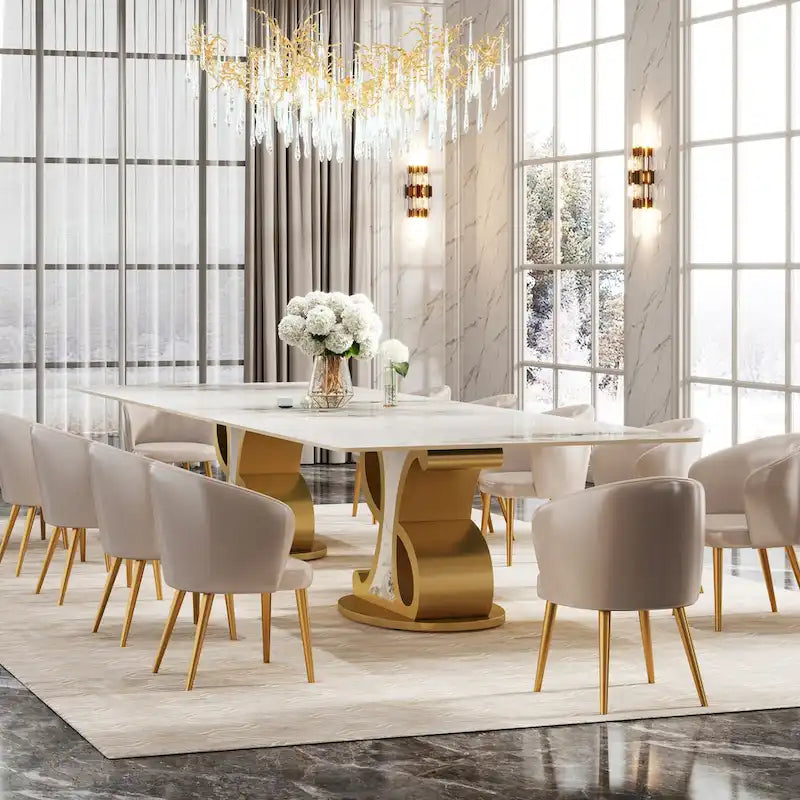 Rectangular Sintered Stone Dining Table with Stainless Steel Base, Seats 8-10
