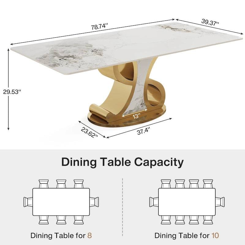Rectangular Sintered Stone Dining Table with Stainless Steel Base, Seats 8-10
