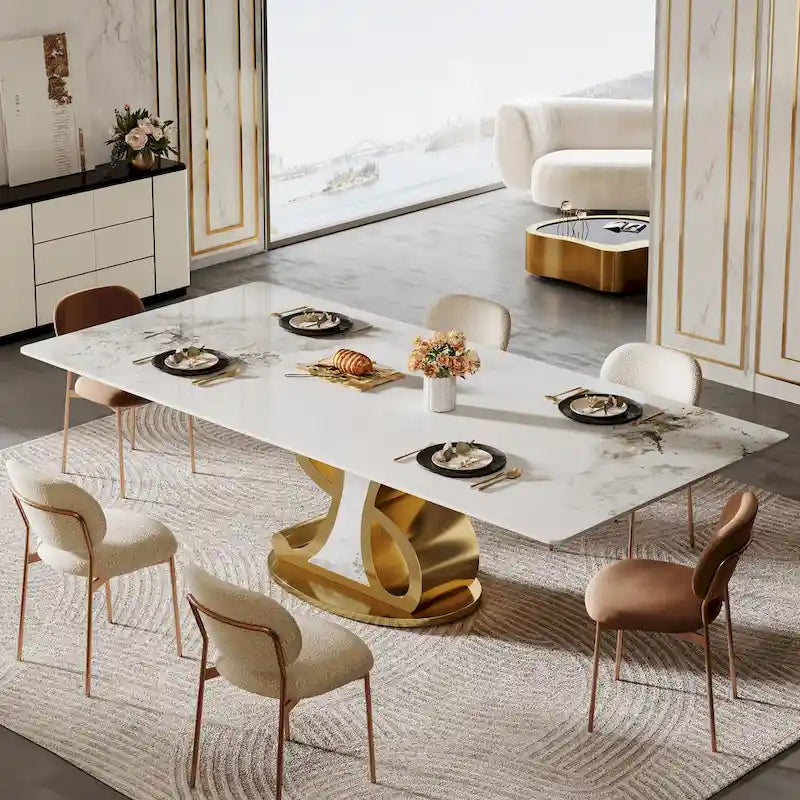 Rectangular Sintered Stone Dining Table with Stainless Steel Base, Seats 8-10