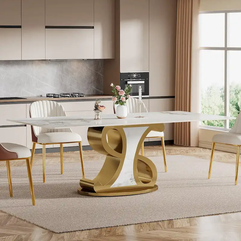 Rectangular Sintered Stone Dining Table with Stainless Steel Base, Seats 8-10