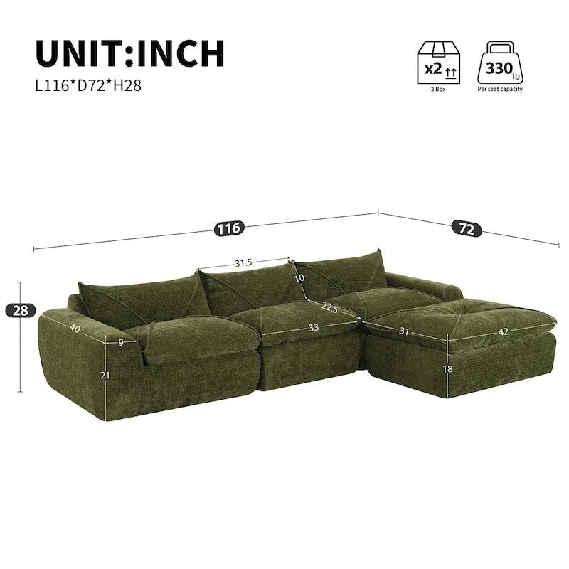 116-Inch Modern Chenille Sectional Sofa with High-Density Foam