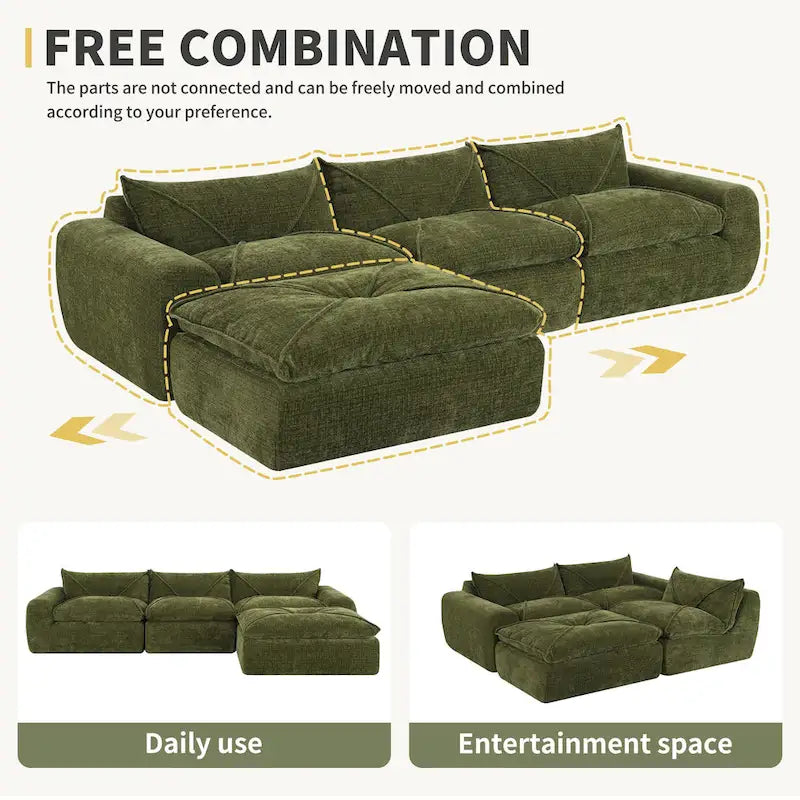 116-Inch Modern Chenille Sectional Sofa with High-Density Foam