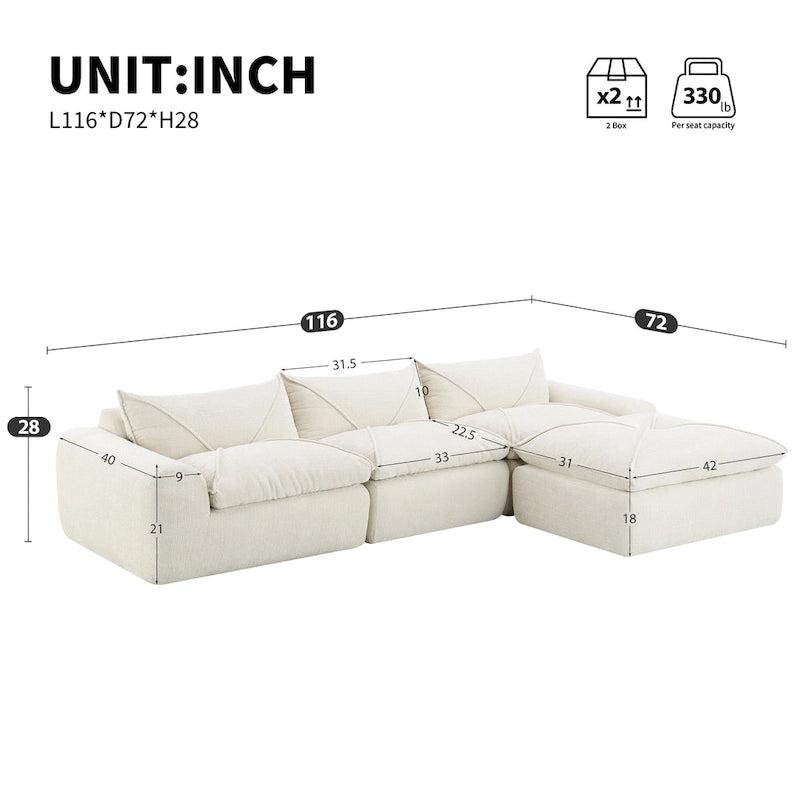 116-Inch Modern Chenille Sectional Sofa with High-Density Foam