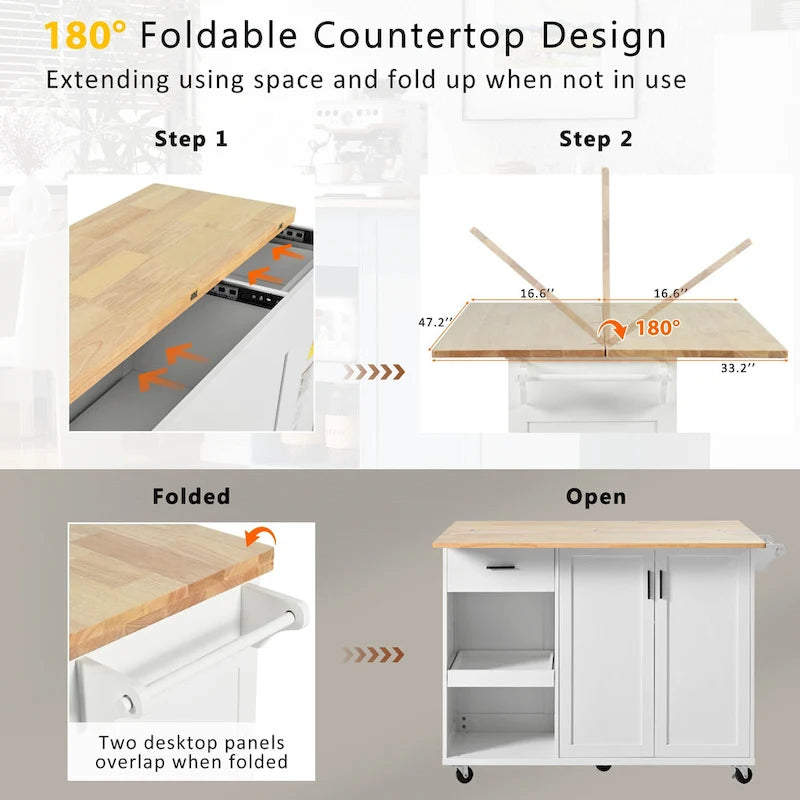 Kitchen Island with Foldable Countertop & Storage (Stools Not Included)