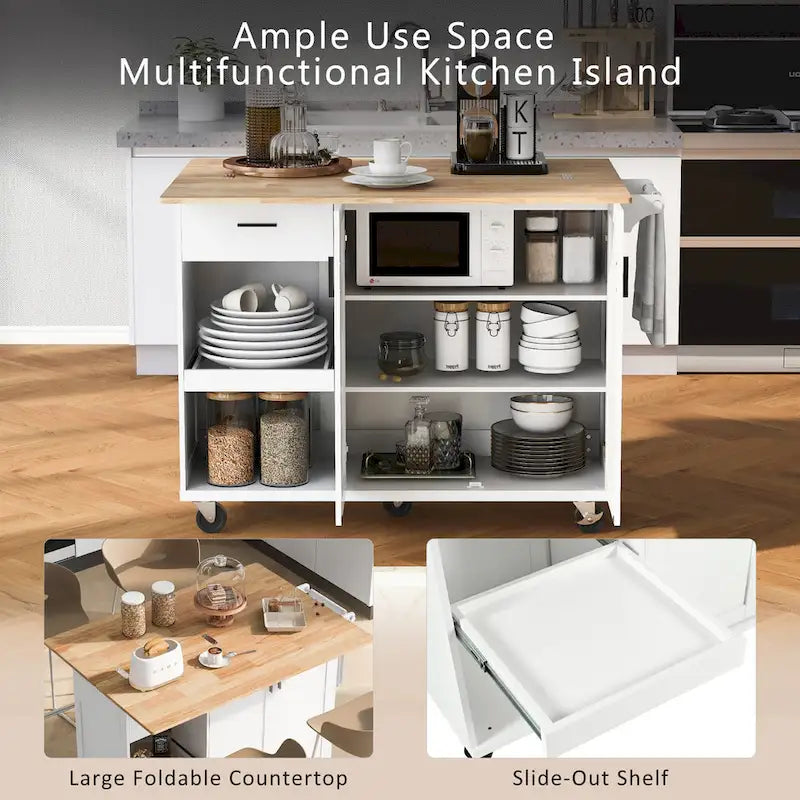 Kitchen Island with Foldable Countertop & Storage (Stools Not Included)
