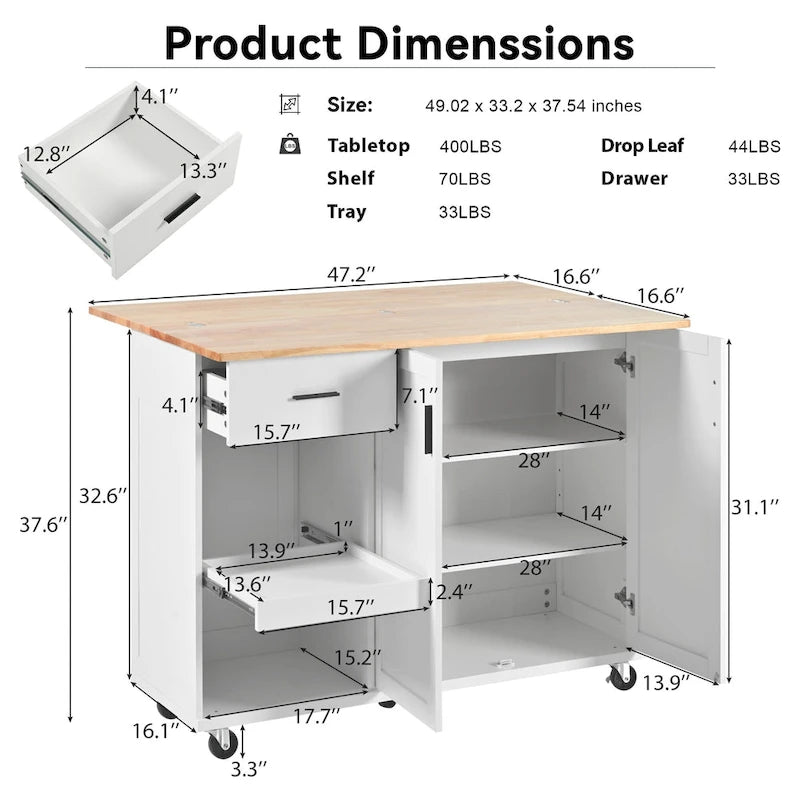 Kitchen Island with Foldable Countertop & Storage (Stools Not Included)