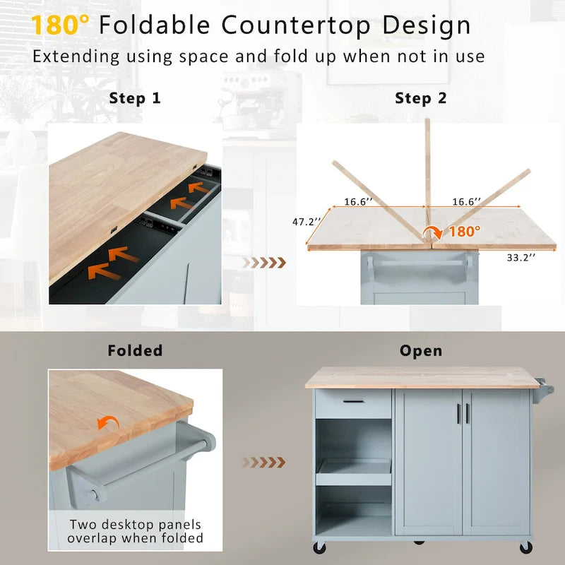 Kitchen Island with Foldable Countertop & Storage (Stools Not Included)