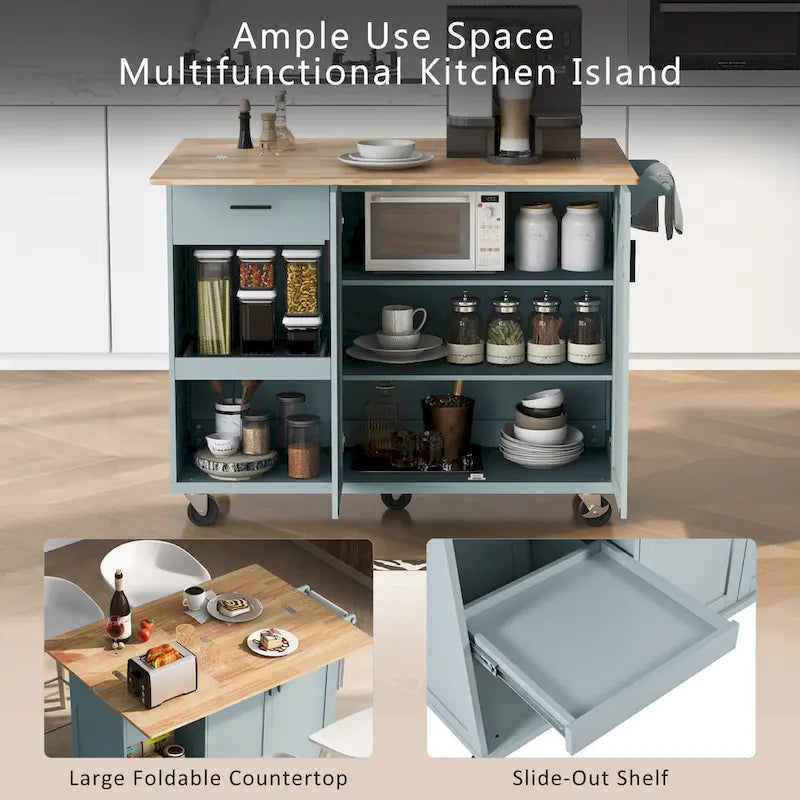 Kitchen Island with Foldable Countertop & Storage (Stools Not Included)