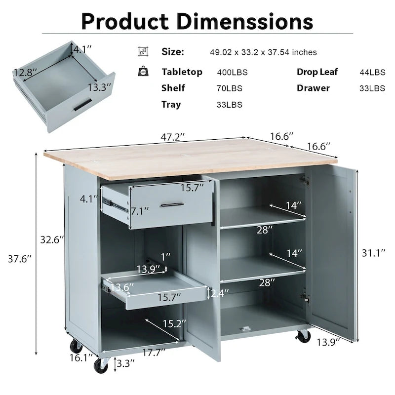 Kitchen Island with Foldable Countertop & Storage (Stools Not Included)