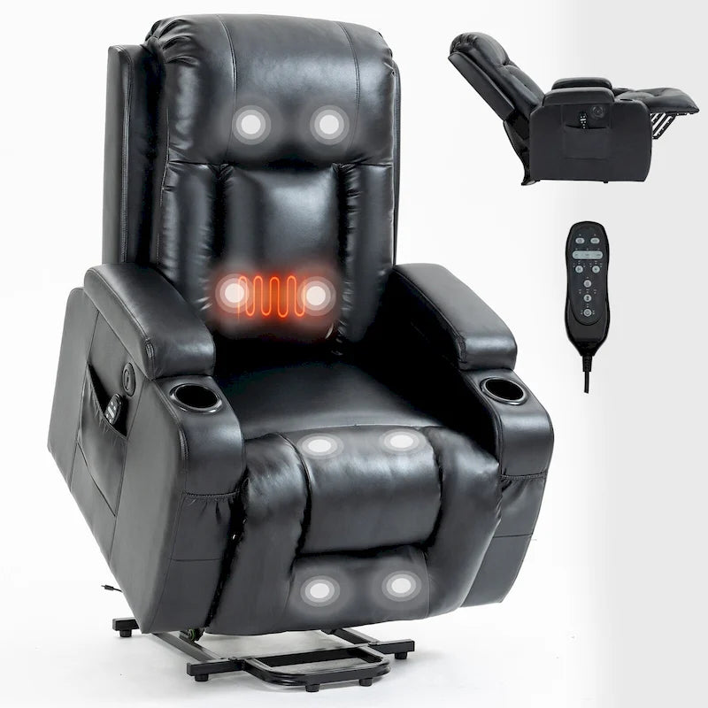 Black Power Lift Recliner with Massage, Lumbar Heat, USB & Cup Holders