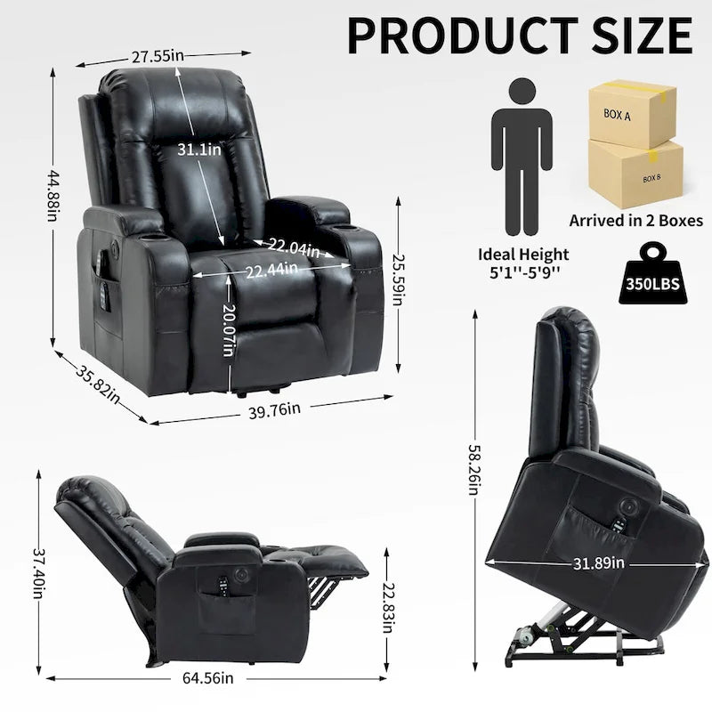 Black Power Lift Recliner with Massage, Lumbar Heat, USB & Cup Holders