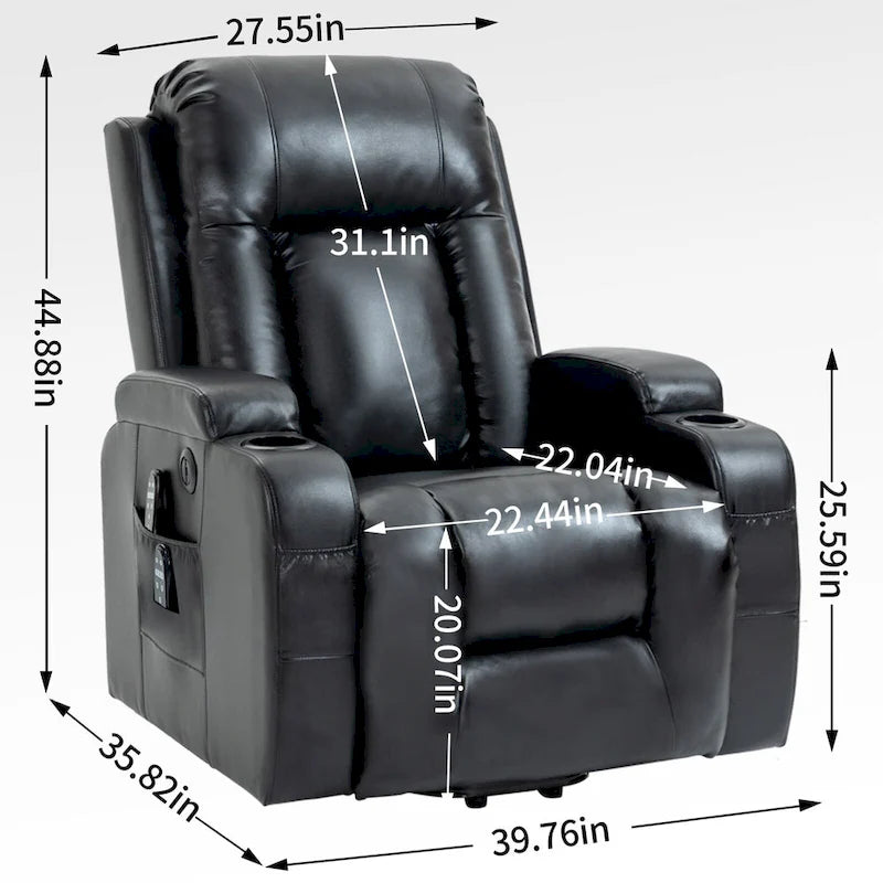 Black Power Lift Recliner with Massage, Lumbar Heat, USB & Cup Holders