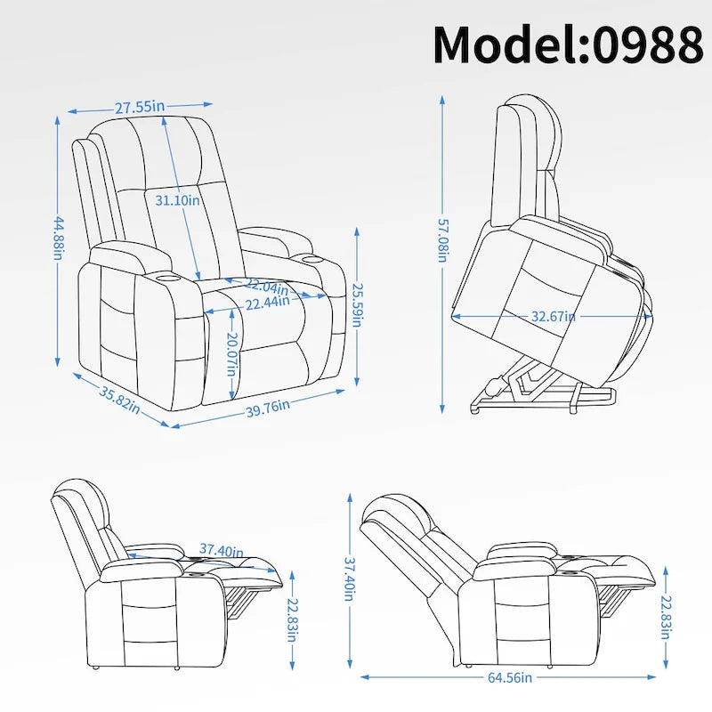 Black Power Lift Recliner with Massage, Lumbar Heat, USB & Cup Holders