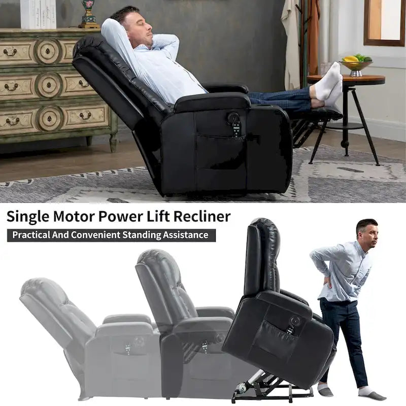 Black Power Lift Recliner with Massage, Lumbar Heat, USB & Cup Holders