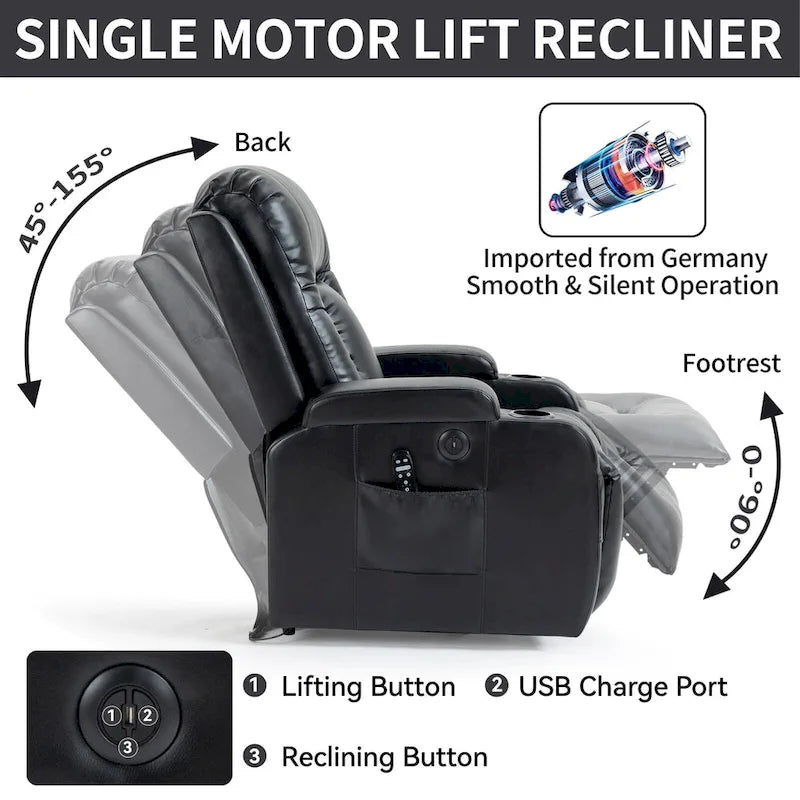 Black Power Lift Recliner with Massage, Lumbar Heat, USB & Cup Holders