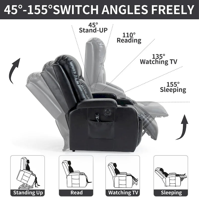 Black Power Lift Recliner with Massage, Lumbar Heat, USB & Cup Holders