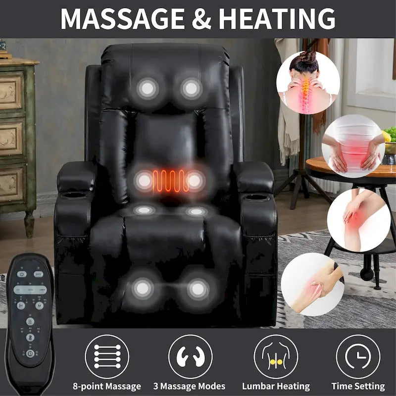 Black Power Lift Recliner with Massage, Lumbar Heat, USB & Cup Holders