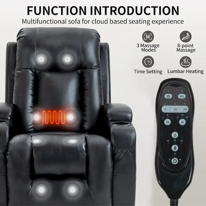Black Power Lift Recliner with Massage, Lumbar Heat, USB & Cup Holders