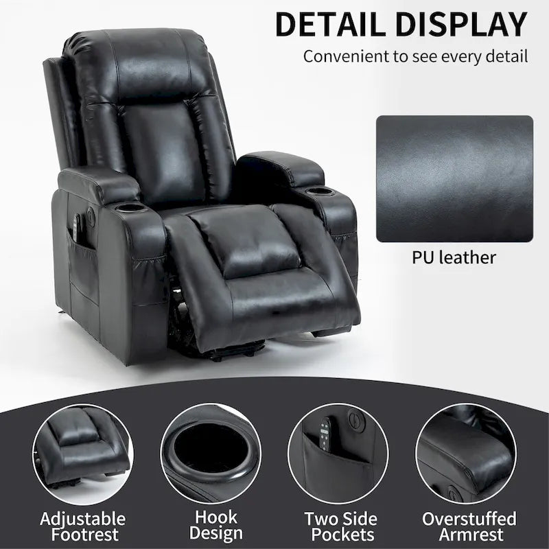 Black Power Lift Recliner with Massage, Lumbar Heat, USB & Cup Holders