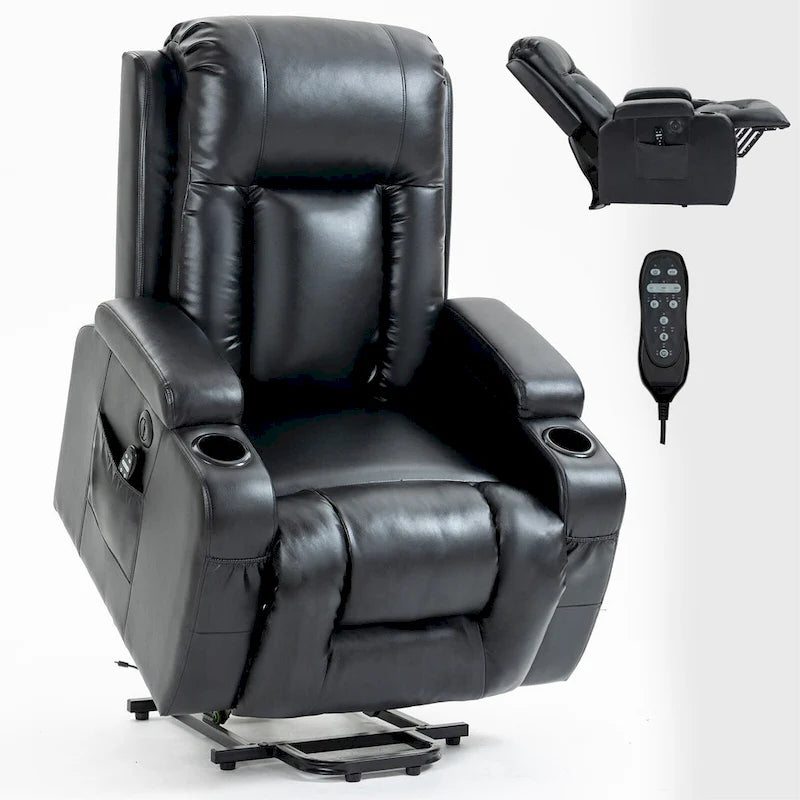 Black Power Lift Recliner with Massage, Lumbar Heat, USB & Cup Holders