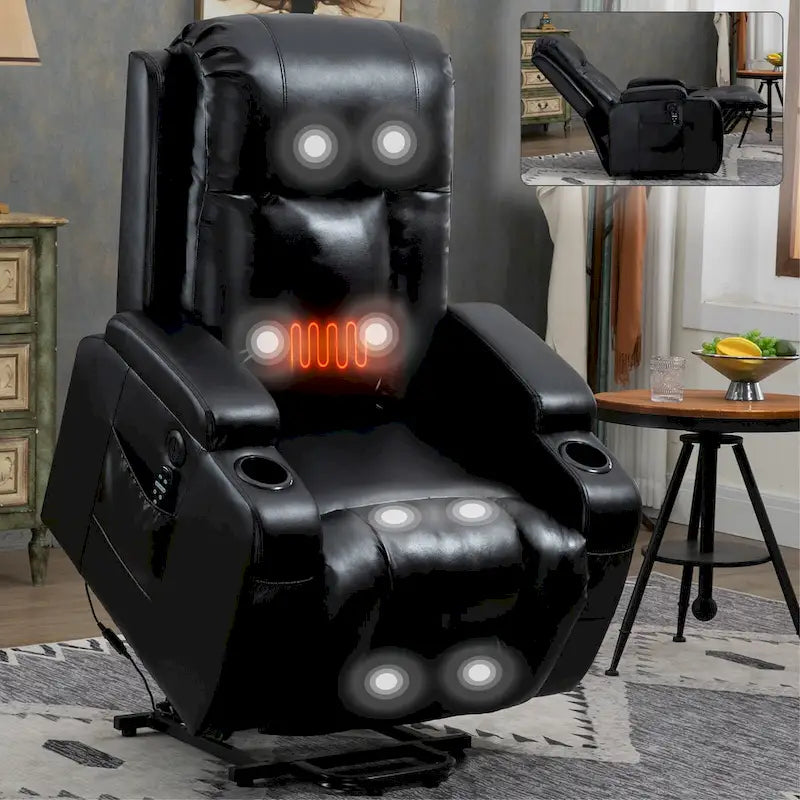Black Power Lift Recliner with Massage, Lumbar Heat, USB & Cup Holders