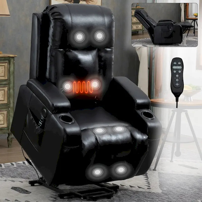 Black Power Lift Recliner with Massage, Lumbar Heat, USB & Cup Holders