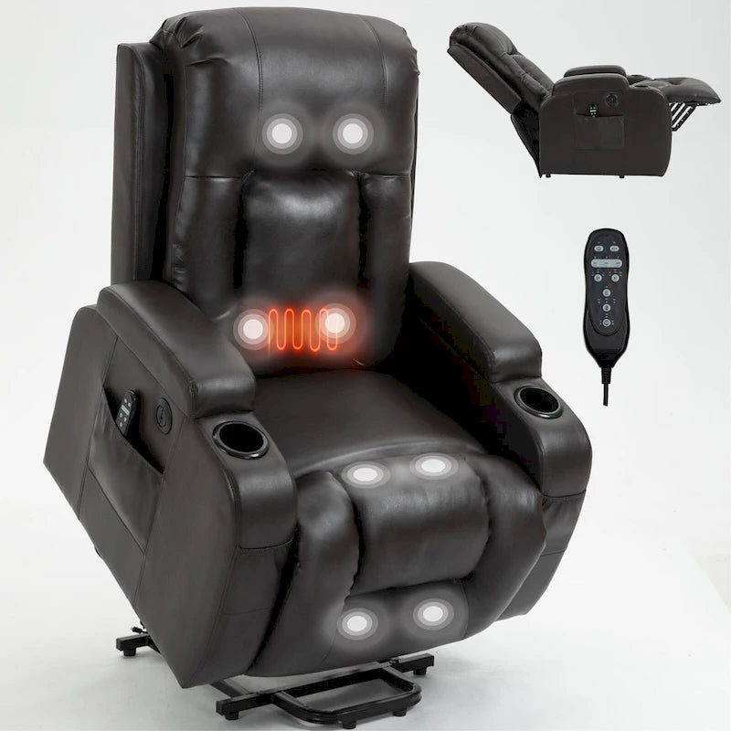 Black Power Lift Recliner with Massage, Lumbar Heat, USB & Cup Holders