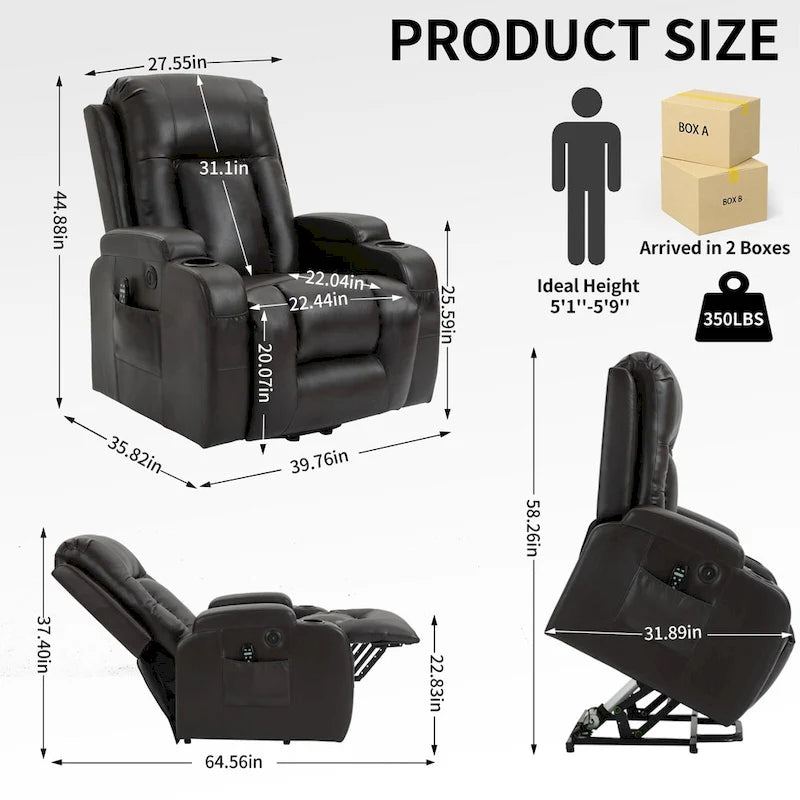 Black Power Lift Recliner with Massage, Lumbar Heat, USB & Cup Holders