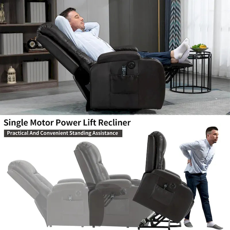 Black Power Lift Recliner with Massage, Lumbar Heat, USB & Cup Holders