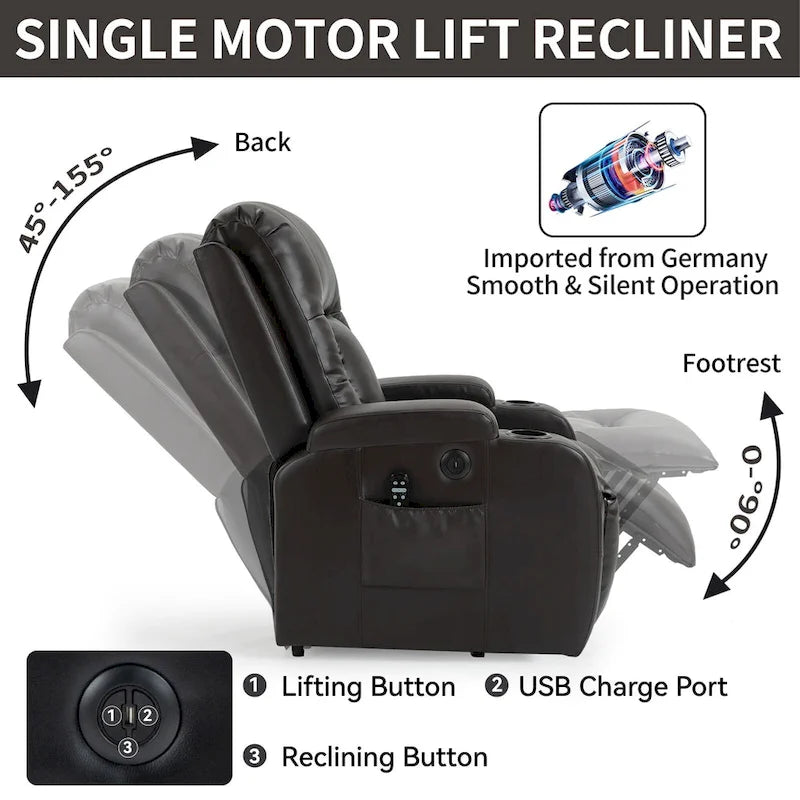 Black Power Lift Recliner with Massage, Lumbar Heat, USB & Cup Holders