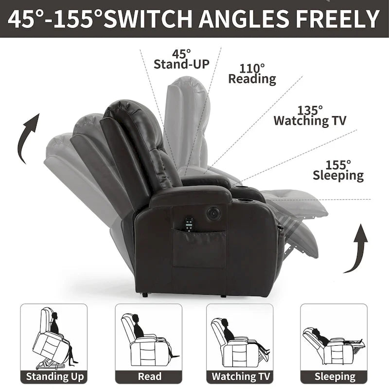Black Power Lift Recliner with Massage, Lumbar Heat, USB & Cup Holders