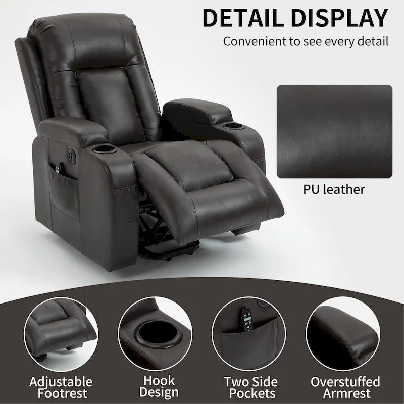Black Power Lift Recliner with Massage, Lumbar Heat, USB & Cup Holders