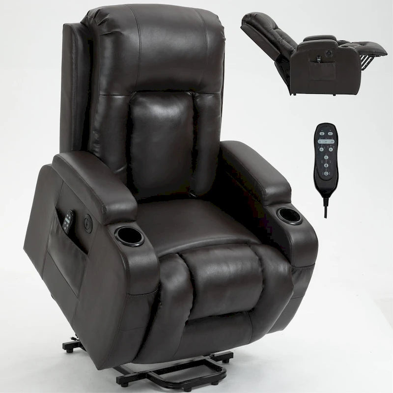 Black Power Lift Recliner with Massage, Lumbar Heat, USB & Cup Holders