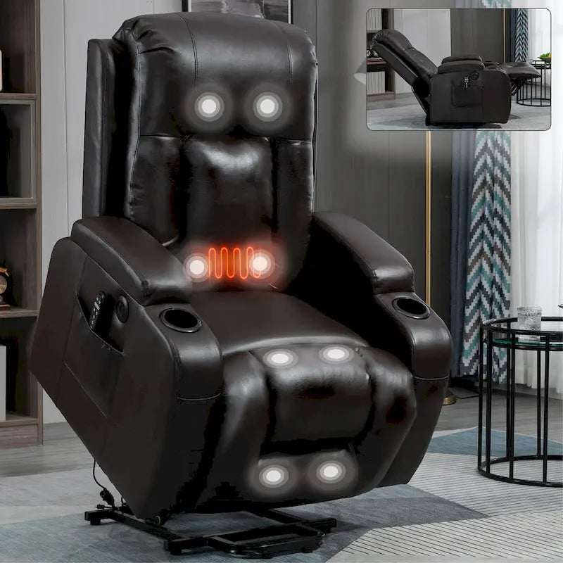 Black Power Lift Recliner with Massage, Lumbar Heat, USB & Cup Holders