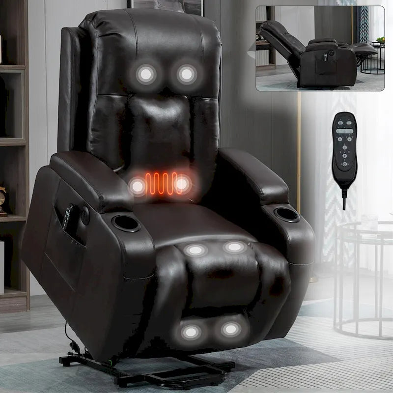 Black Power Lift Recliner with Massage, Lumbar Heat, USB & Cup Holders
