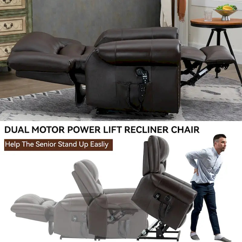 Brown Genuine Leather Power Lift Recliner with Heat, Massage, and USB Ports