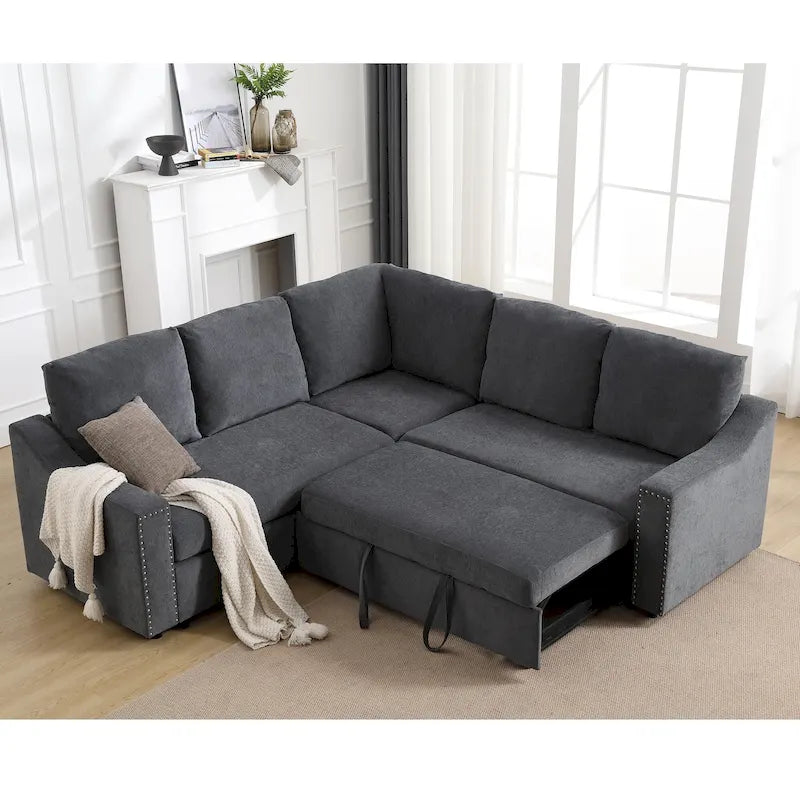 81.5" L-Shaped 5-Seat Sectional Sofa with Pull-Out Bed & 6 Cushions