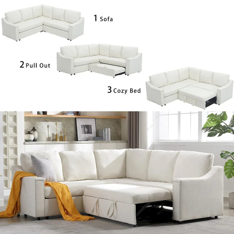 81.5" L-Shaped 5-Seat Sectional Sofa with Pull-Out Bed & 6 Cushions