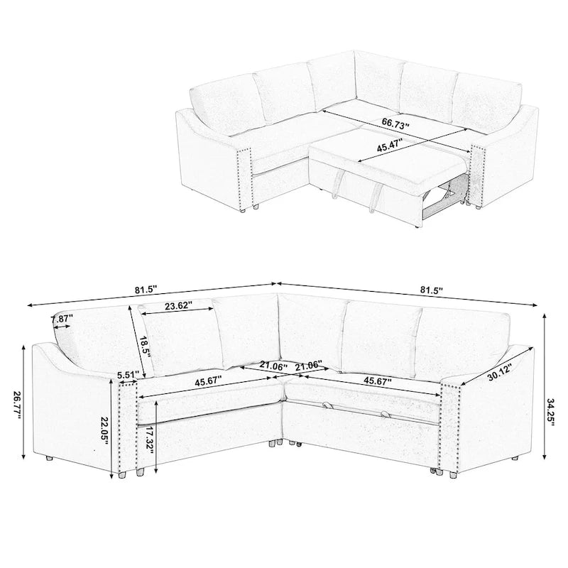 81.5" L-Shaped 5-Seat Sectional Sofa with Pull-Out Bed & 6 Cushions