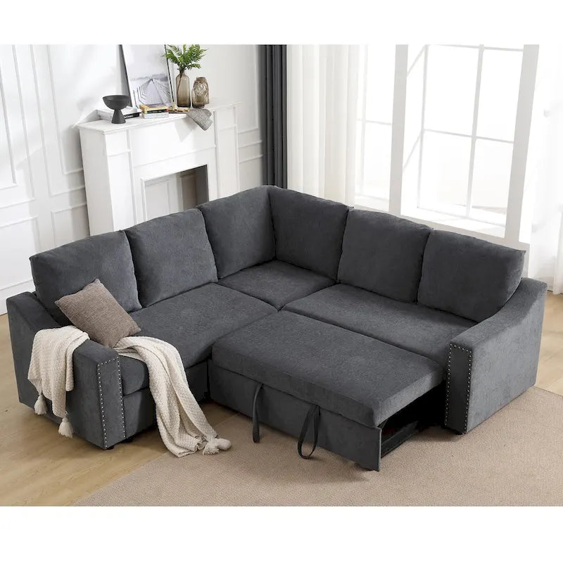 81.5" L-Shaped 5-Seat Sectional Sofa with Pull-Out Bed & 6 Cushions