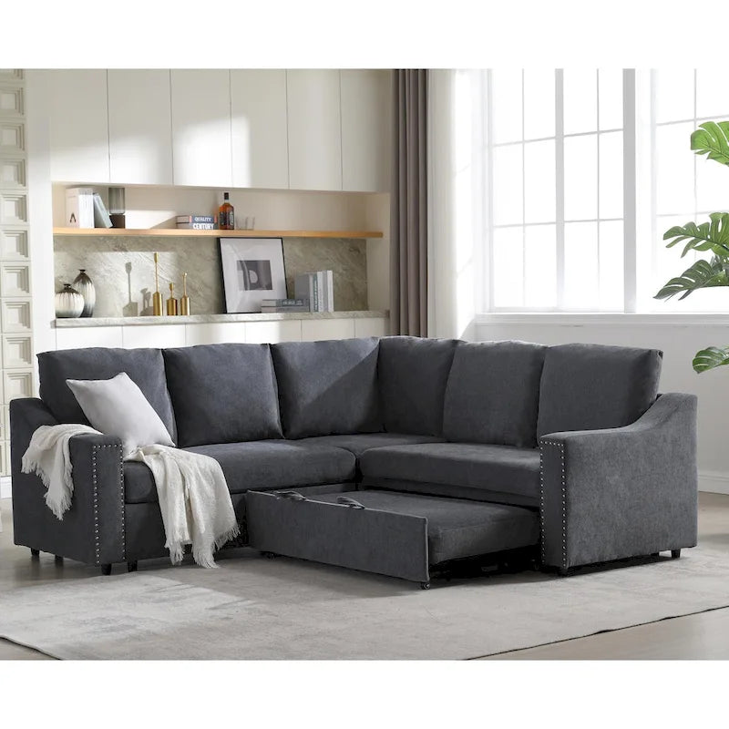 81.5" L-Shaped 5-Seat Sectional Sofa with Pull-Out Bed & 6 Cushions