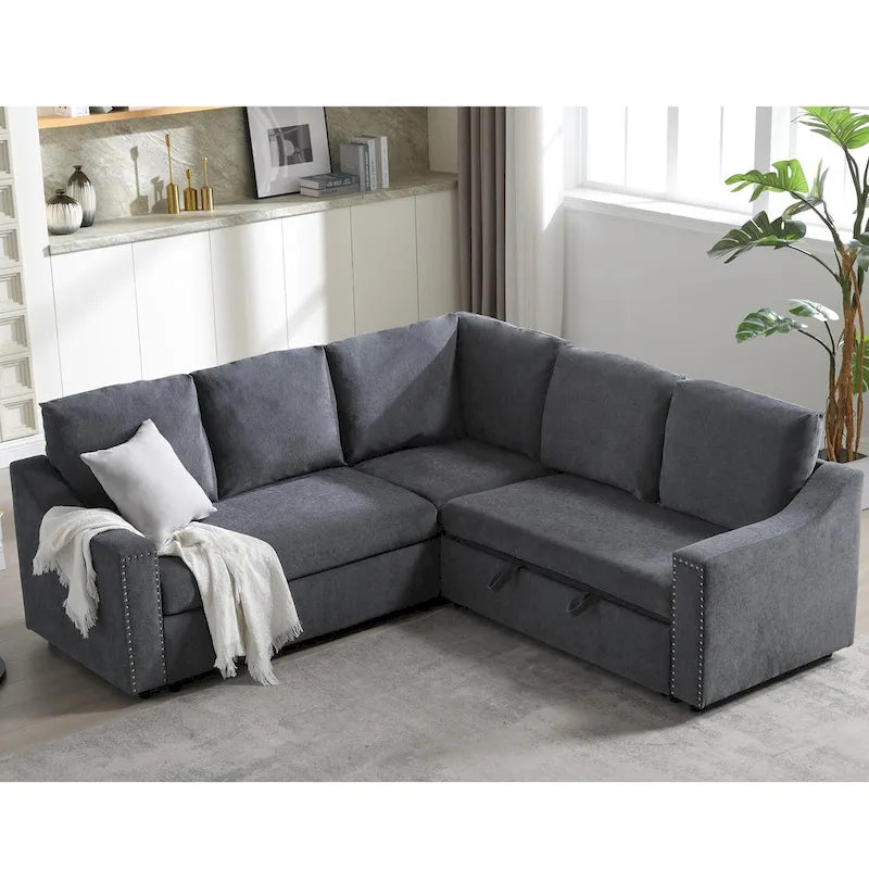 81.5" L-Shaped 5-Seat Sectional Sofa with Pull-Out Bed & 6 Cushions