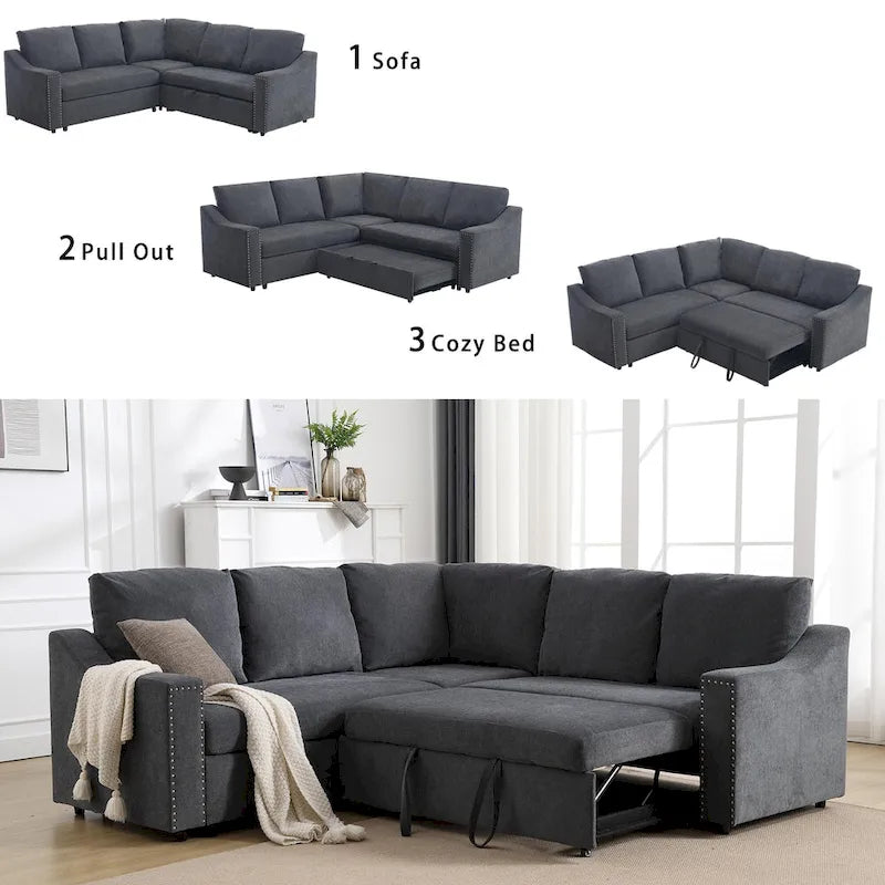 81.5" L-Shaped 5-Seat Sectional Sofa with Pull-Out Bed & 6 Cushions