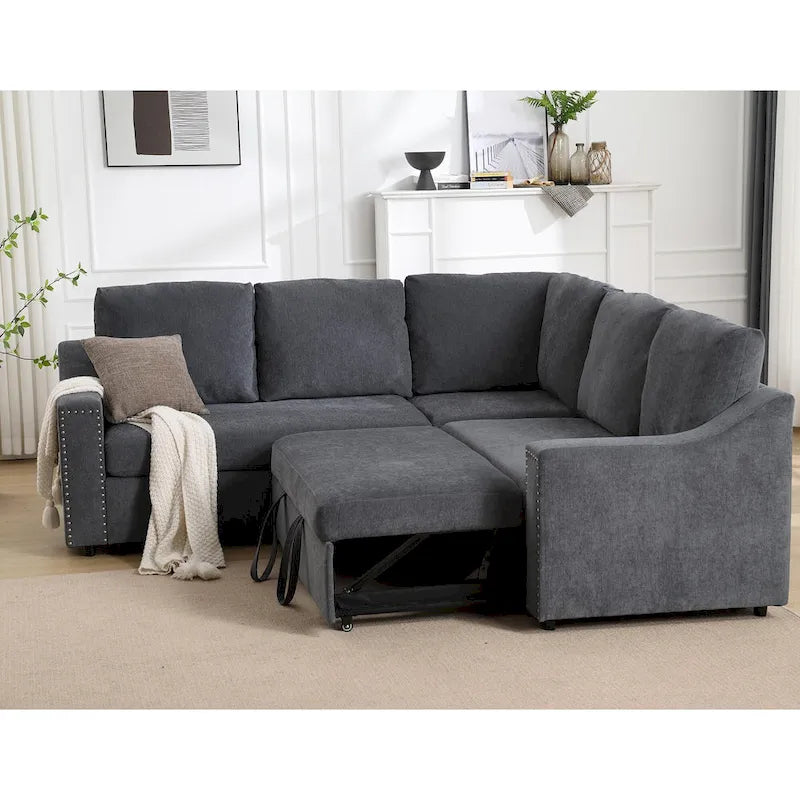 81.5" L-Shaped 5-Seat Sectional Sofa with Pull-Out Bed & 6 Cushions