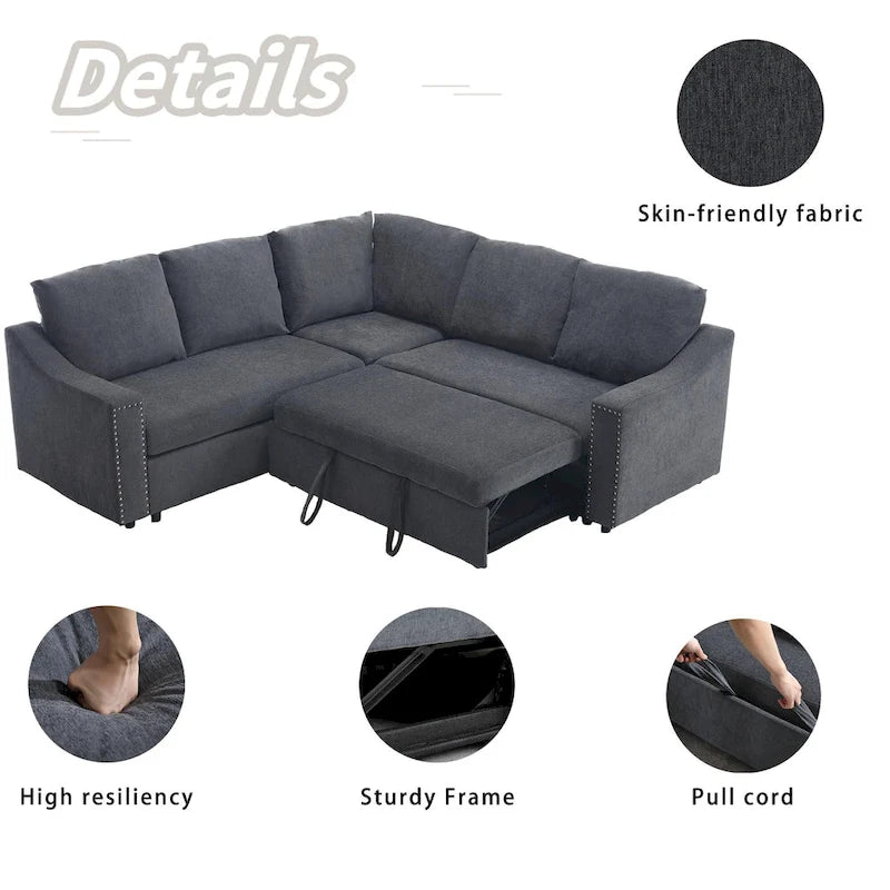 81.5" L-Shaped 5-Seat Sectional Sofa with Pull-Out Bed & 6 Cushions
