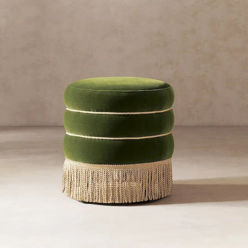 17.5" Round Upholstered Ottoman with Gold Bullion Fringe